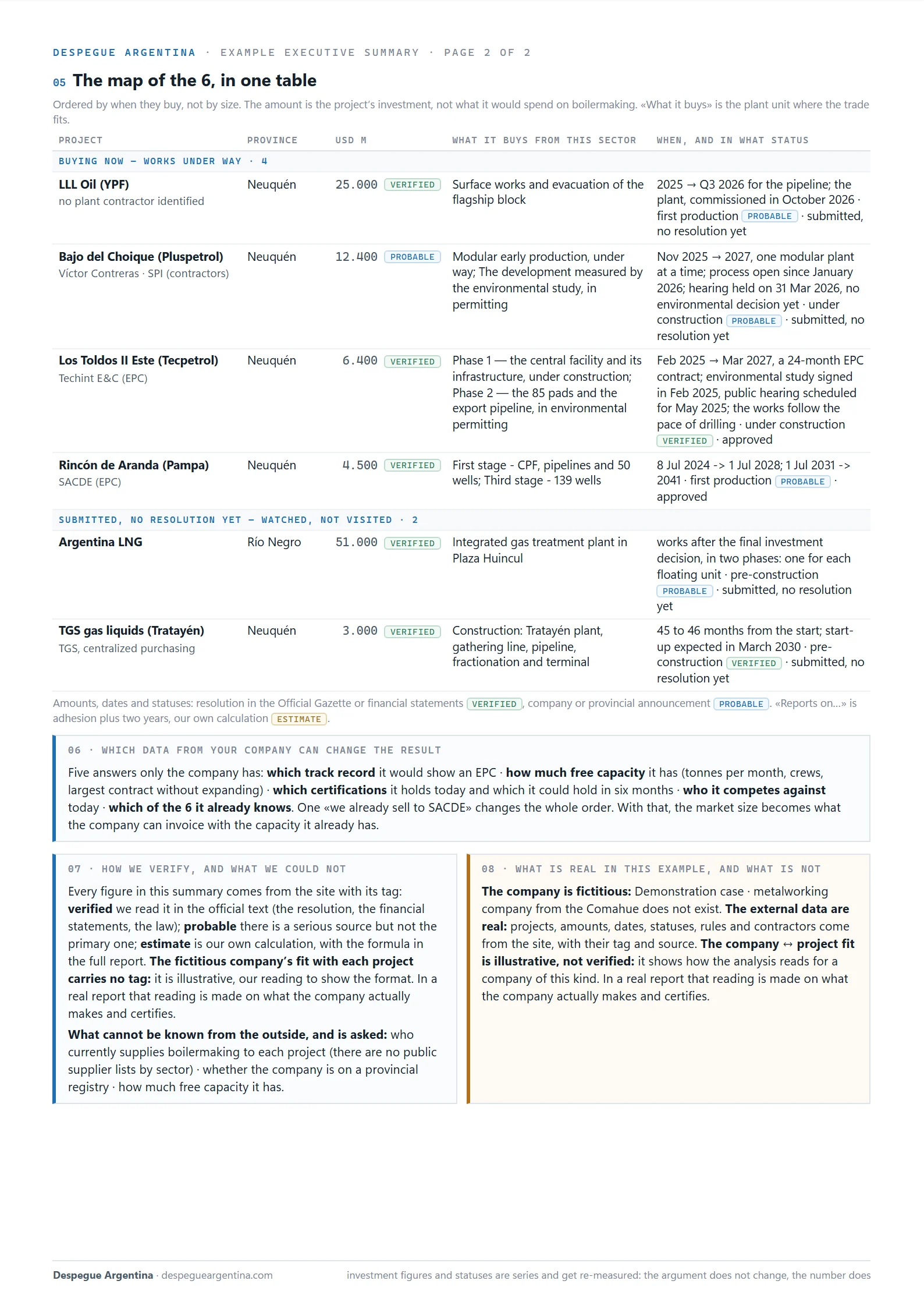 Page 2 of the example executive summary: the map of the projects in a table, how we verify, what is real and what is not
