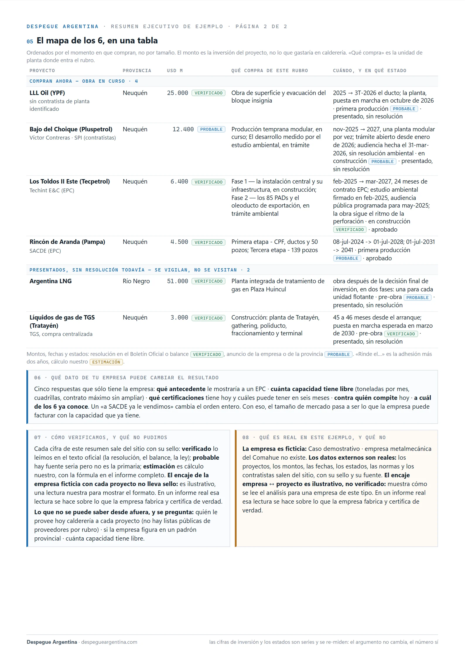 P&aacute;gina 2 del resumen ejecutivo de ejemplo: el mapa de los proyectos en una tabla, c&oacute;mo verificamos, qu&eacute; es real y qu&eacute; no
